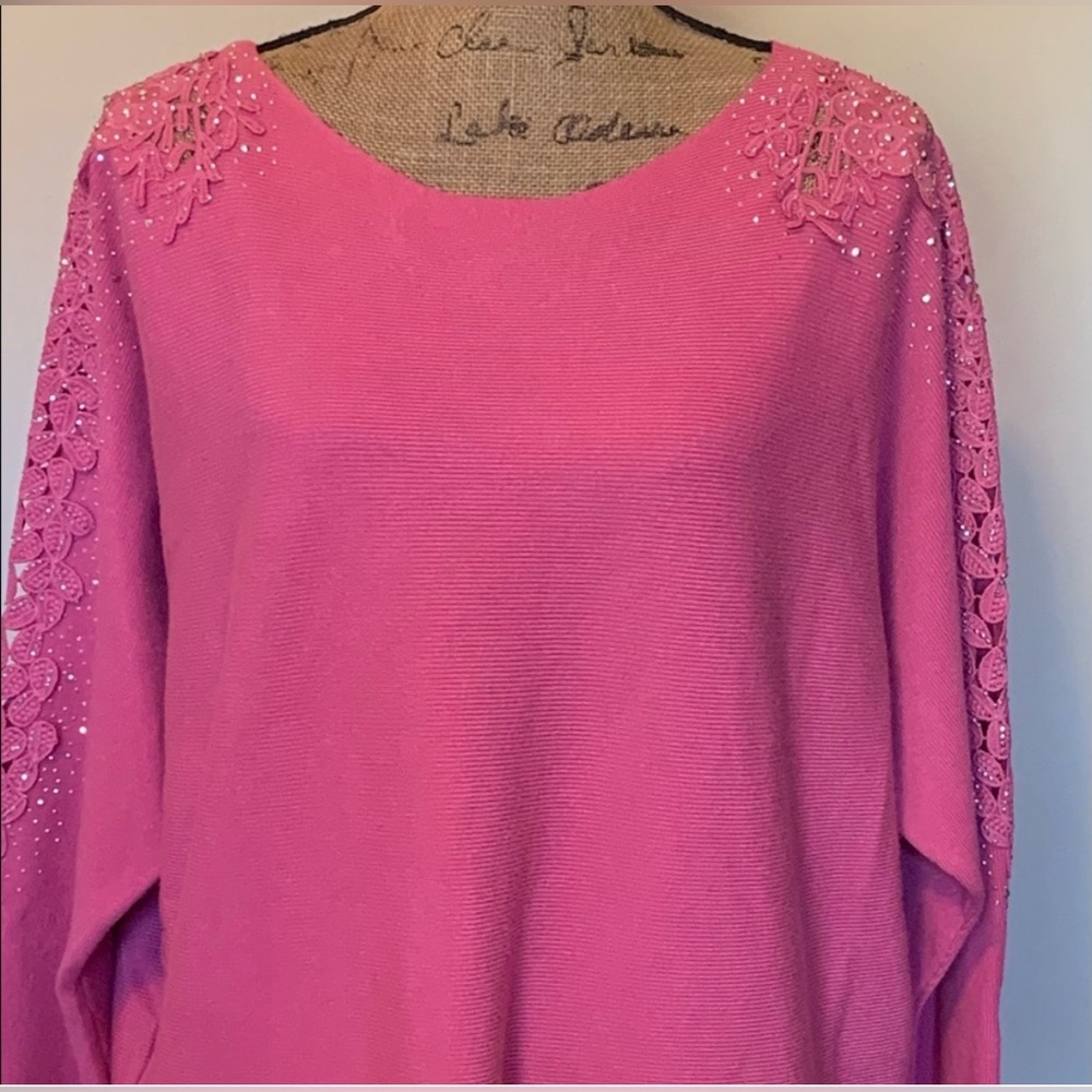 Siren Lily Pink Rhinestone Embroidered‎ Lace Detail Dainty Sweater Top 2X Plus